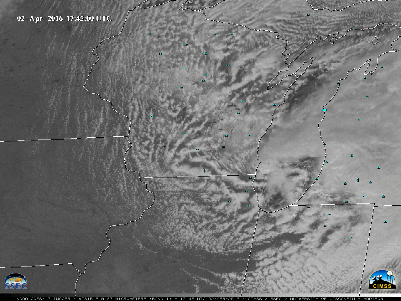 GOES-13 Visible (0.63 µm) images, with hourly surface weather symbols [click to play animation]