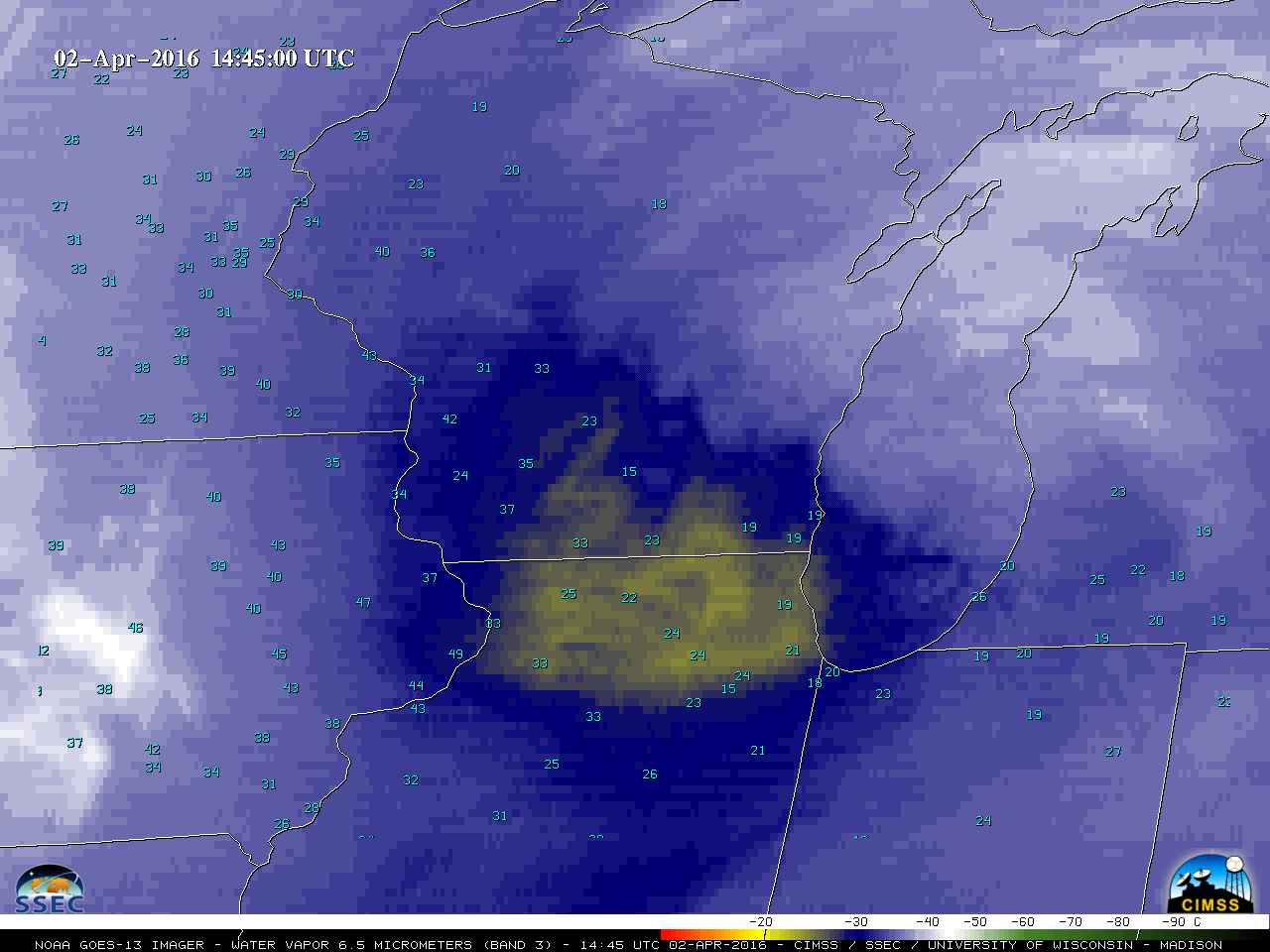 GOES-13 Water Vapor (6.5 µm) images with hourly wind gusts in knots [click to play animation]