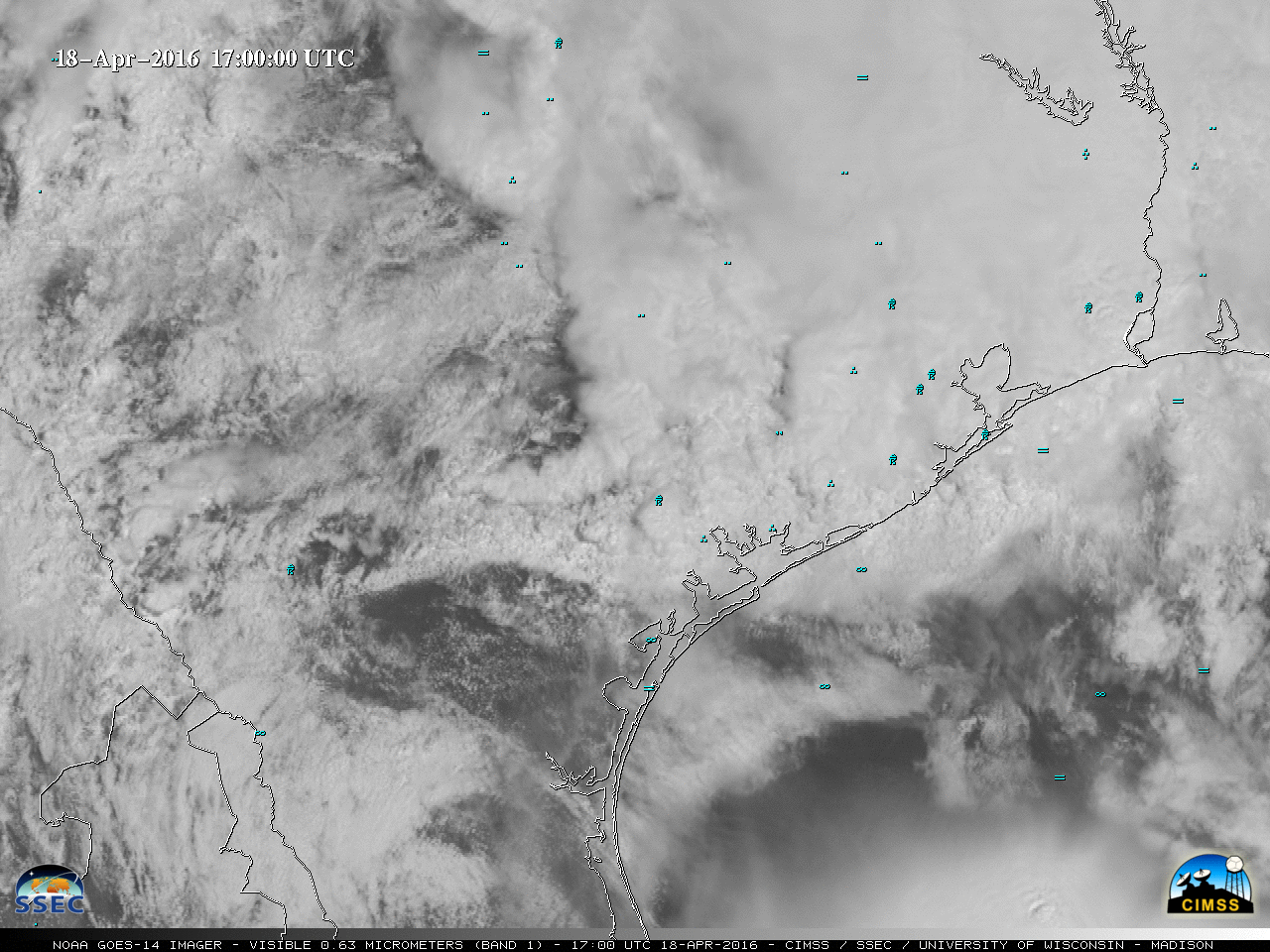 GOES-14 Visible (0.63 µm) images, with plots of surface weather symbols [click to play MP4 animation]