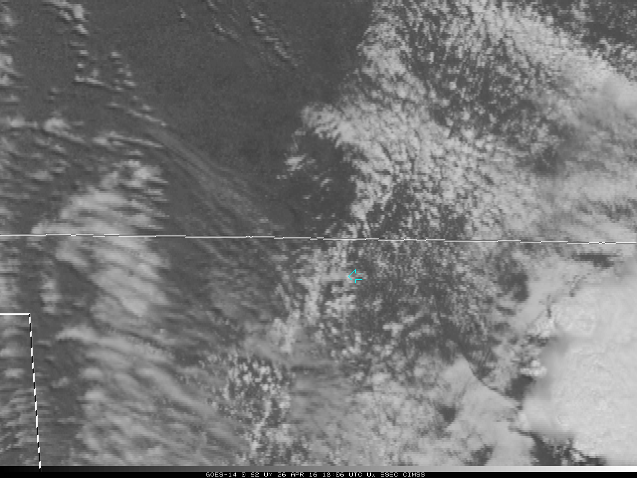 GOES-14 Visible (0.63 µm) Imagery, 26 April 2016. The orphan anvil is indicated by the Cyan Arrows through the animation (click to play animation)