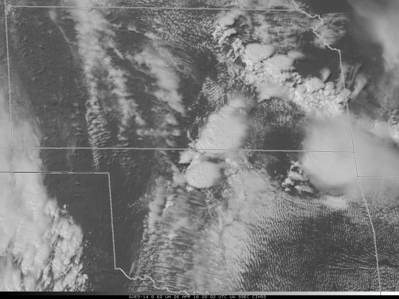 GOES-14 Visible (0.63 µm) Imagery, 26 April 2016. An orphan anvil is indicated by the Green Arrow at the start of the animation (click to play animation)