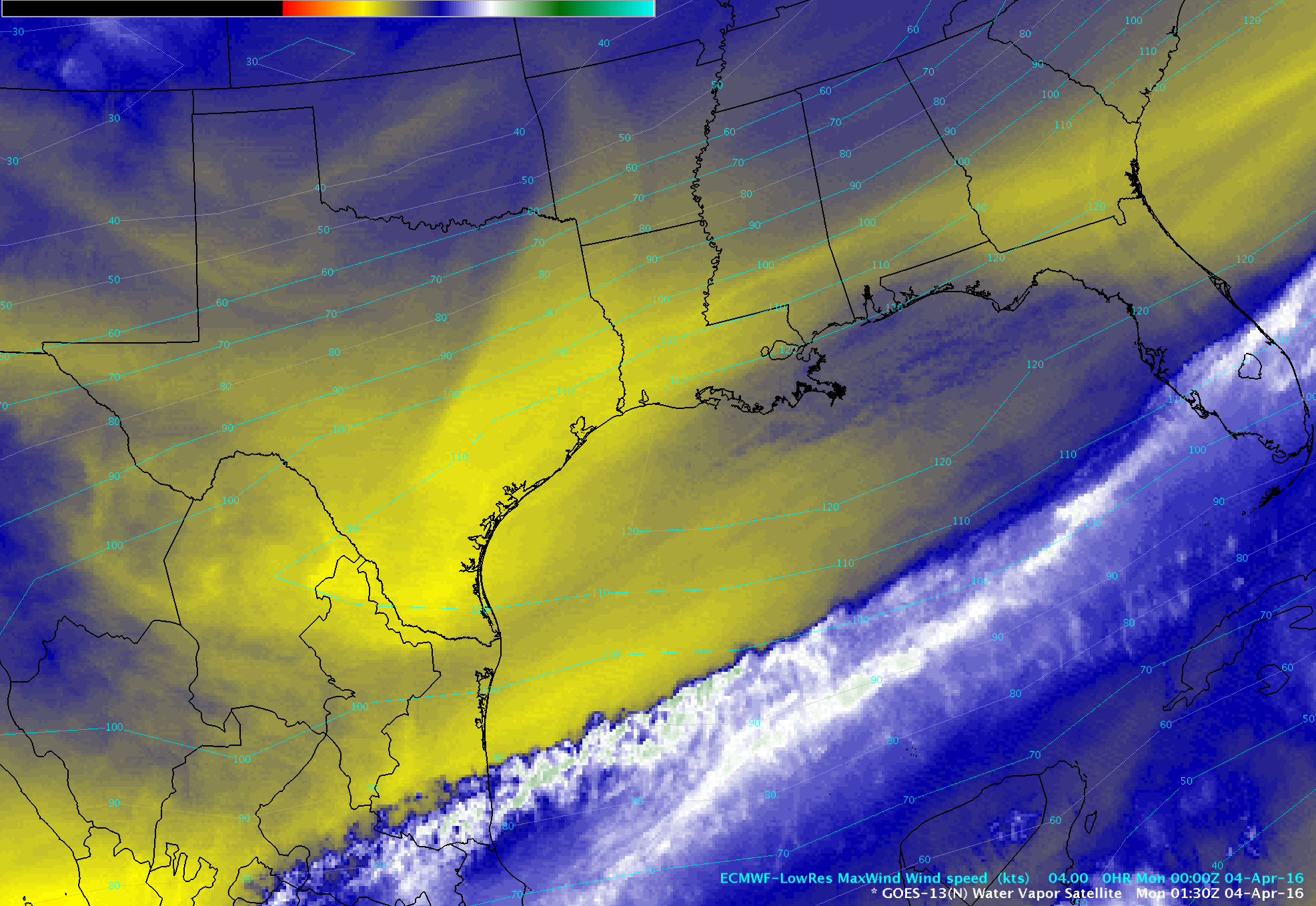 GOES-13 Water Vapor (6.5 µm) images, with ECMWF model maximum wind isotachs [click to play animation]