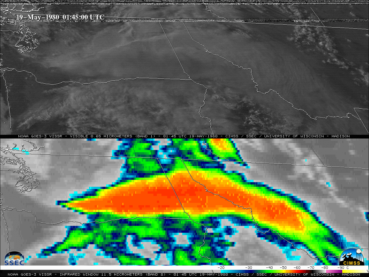 GOES-3 0.65 µm Visible (top) and 10.7 µm Infrared Window (bottom) images [click to play animation]