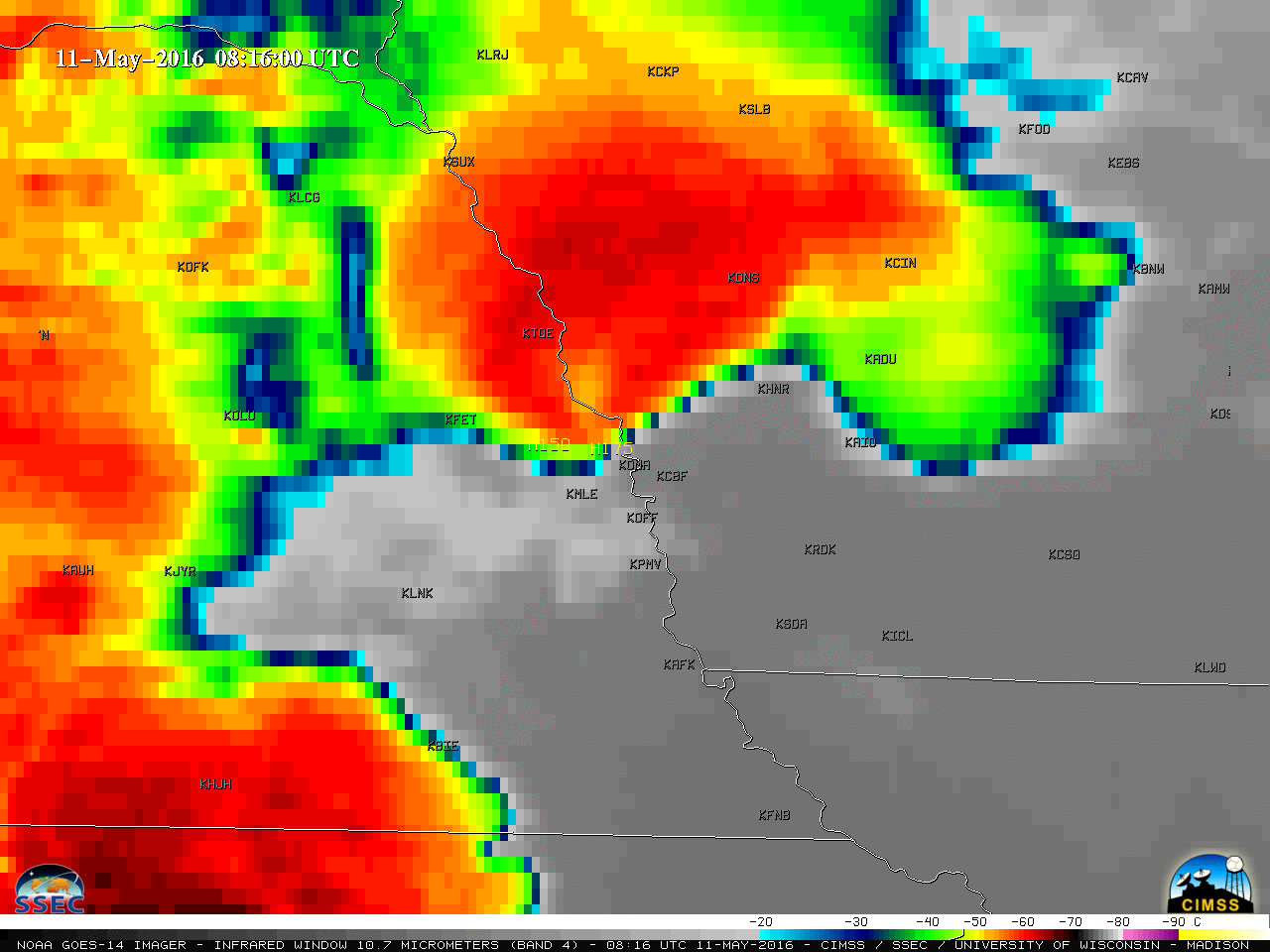 GOES-14 Infrared Window (10.7 µm) images, with parallax-corrected SPC storm reports [click to play animation]