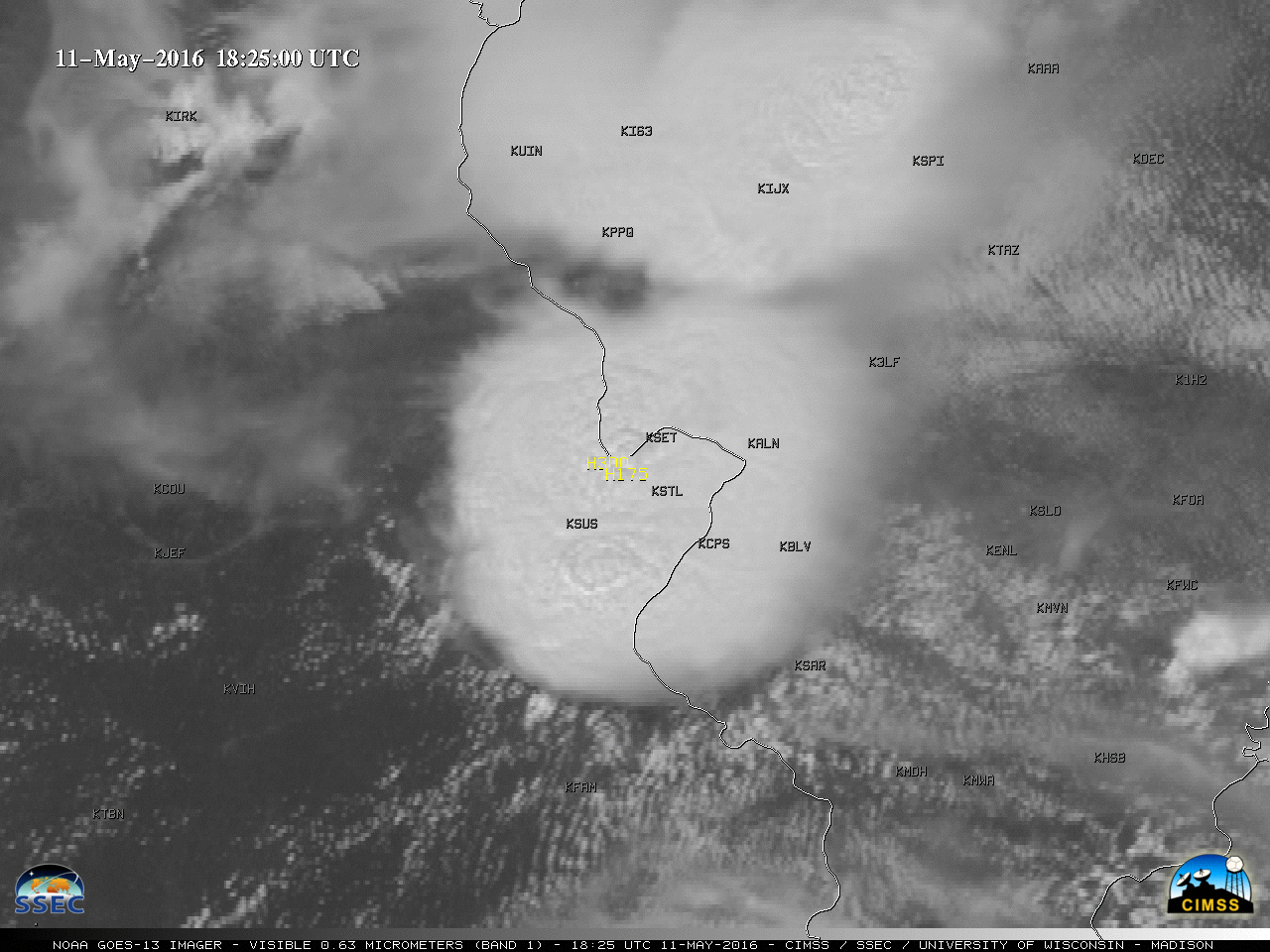 GOES-13 visible (0.63 µm) images, with parallax-corrected SPC storm reports [click to play animation]