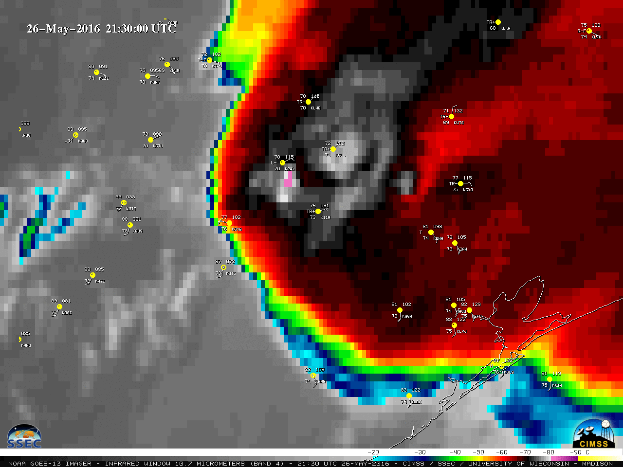 GOES-13 Infrared Window (10.7 µm) images [click to play animation]