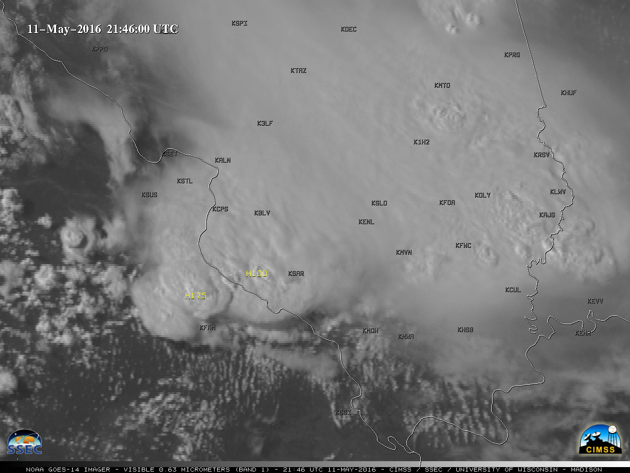 GOES-14 Visible (0.63 µm) images, with parallax-corrected SPC storm reports [click to play MP4 animation]