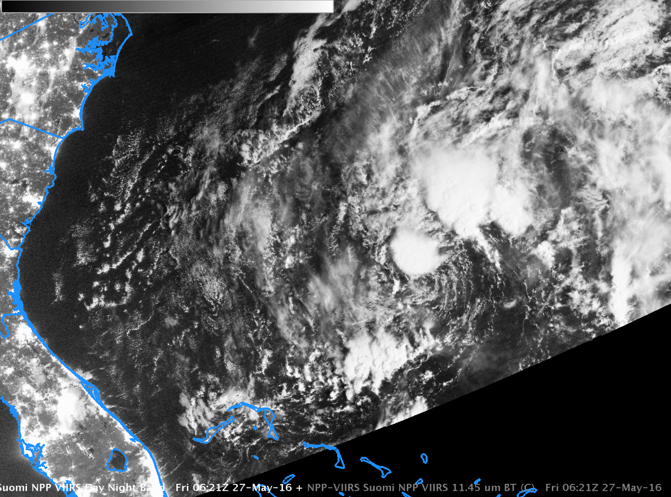 Suomi NPP VIIRS Day/Night Band (0.70 µm Visible) and Infrared (11.45 µm) Imagery at 0621 UTC on 27 May 2016 [click to enlarge]