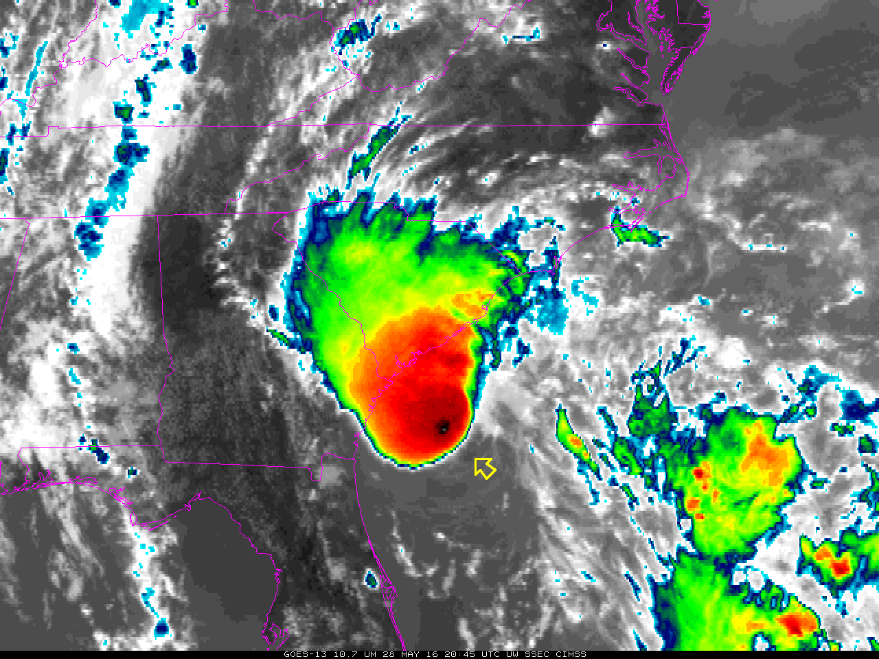GOES-13 Infrared (10.7 µm) Imagery at 2045 UTC on 28 May and at 1045 UTC 29 May 2016; the Yellow Arrow points to the low-level circulation center [click to enlarge]
