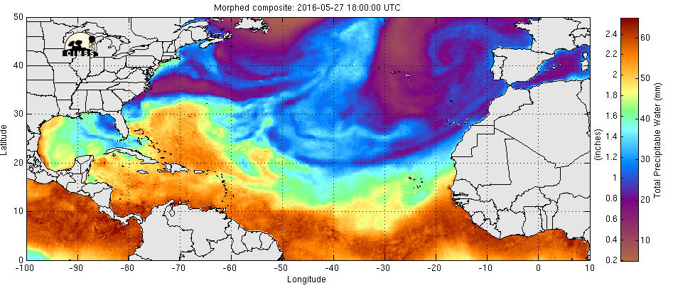 MIMIC Total Precipitable Water derived from Microwave imagery, 1800 UTC 28 May - 1700 UTC 30 May [click to enlarge]
