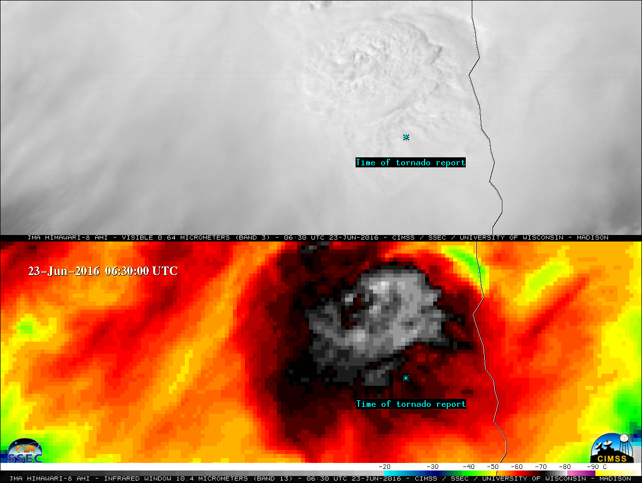 Himawari-8 0.64 µm Visible (top) and 10.4 µm Infrared Window (bottom) images [click to play animation]