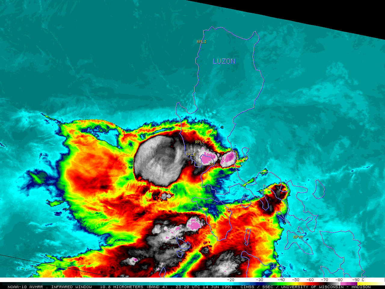 NOAA-10 AVHRR Infrared Window (10.8 µm), Visible (0.91 µm) and Shortwave Infrared (3.7 µm) images [click to enlarge]