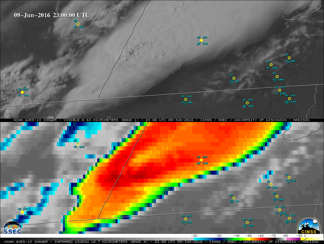 GOES-13 Visible (0.63 um, top) and Infrared Window (10.7 um, bottom) images [click to play animation]