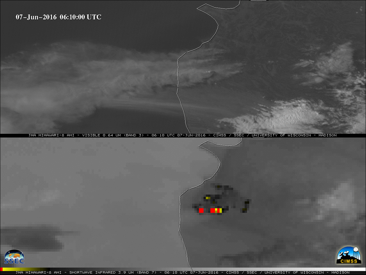 Himawari-8 0.64 µm Visible (top) and 3.9 µm Shortwave Infrared (bottom) images [click to play animation]