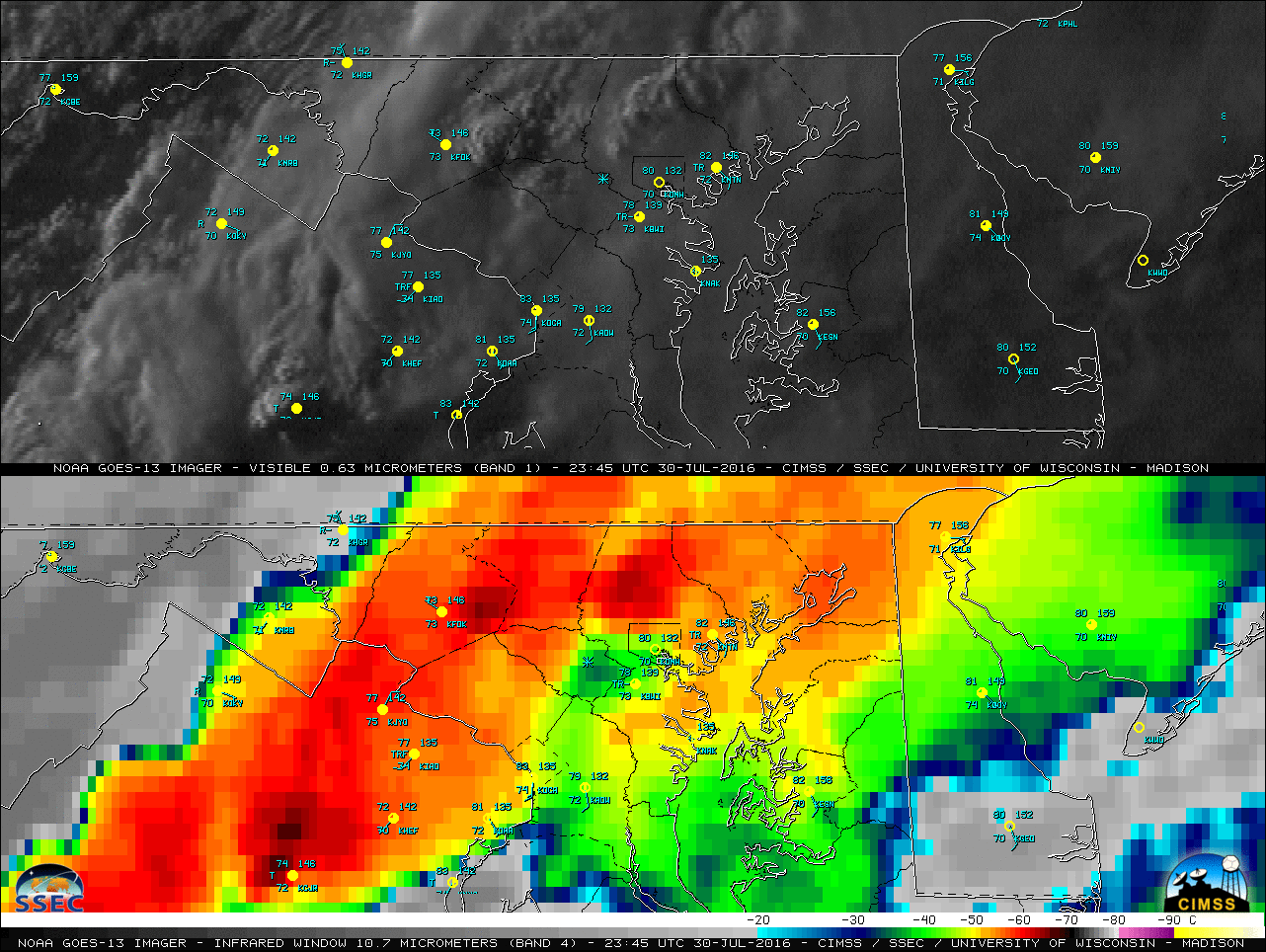 GOES-13 0.63 µm Visible (top) and 10.7 µm Infrared Window (bottom) images [click to play animation]