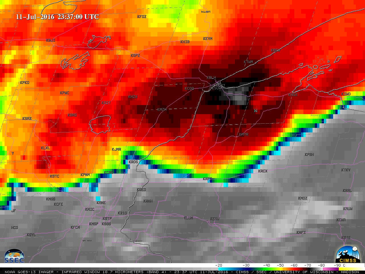 GOES-13 Infrared Window (10.7 µm) images, with SPC storm reports [click to play animation]