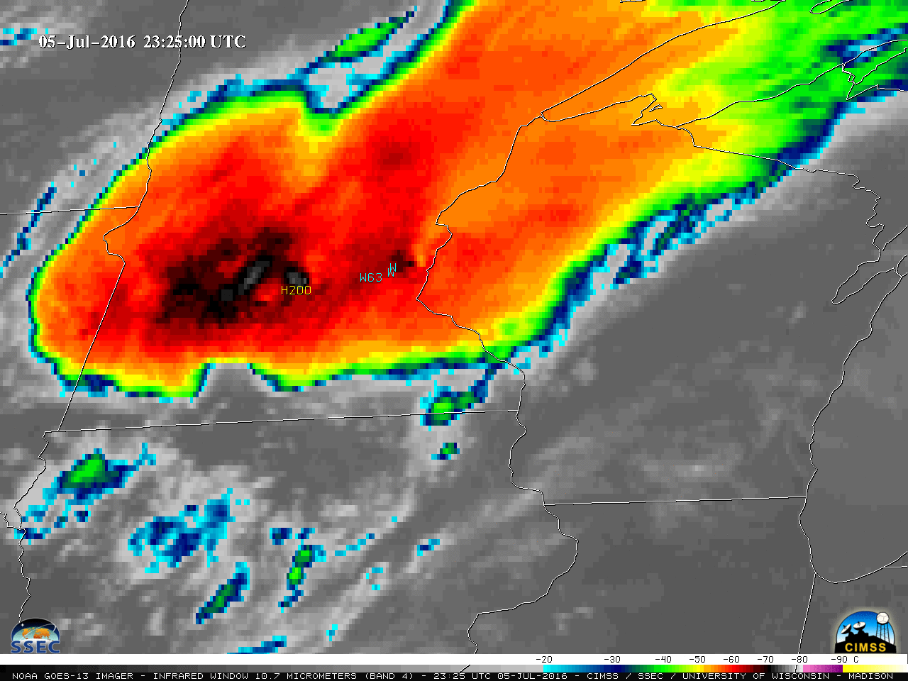GOES-13 Infrared Window (10.7 um) images, with SPC storm reports [click to play animation]