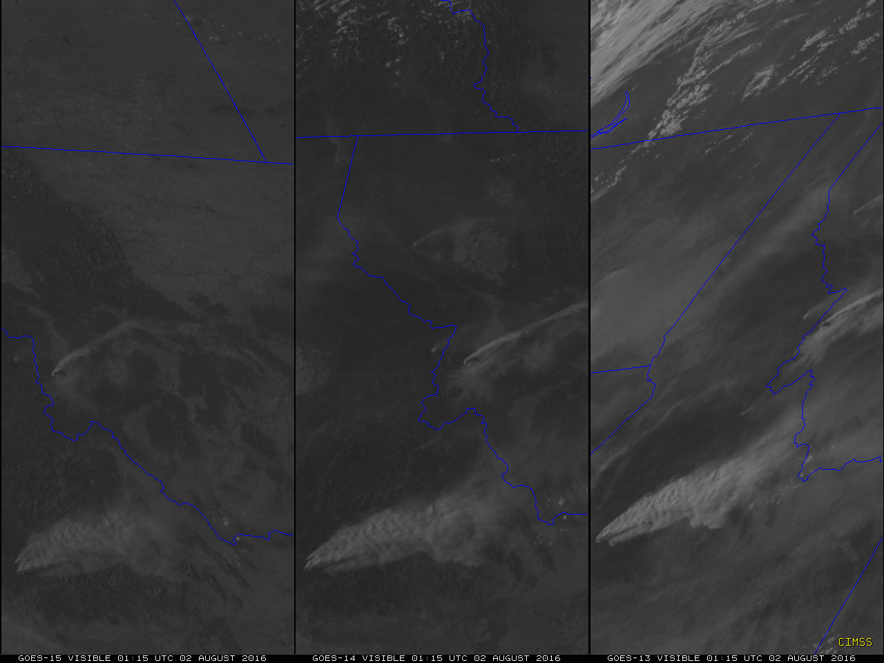 GOES-15 (left), GOES-14 (center) and GOES-13 (right) Visible (0.63 µm) images [click to play animation]