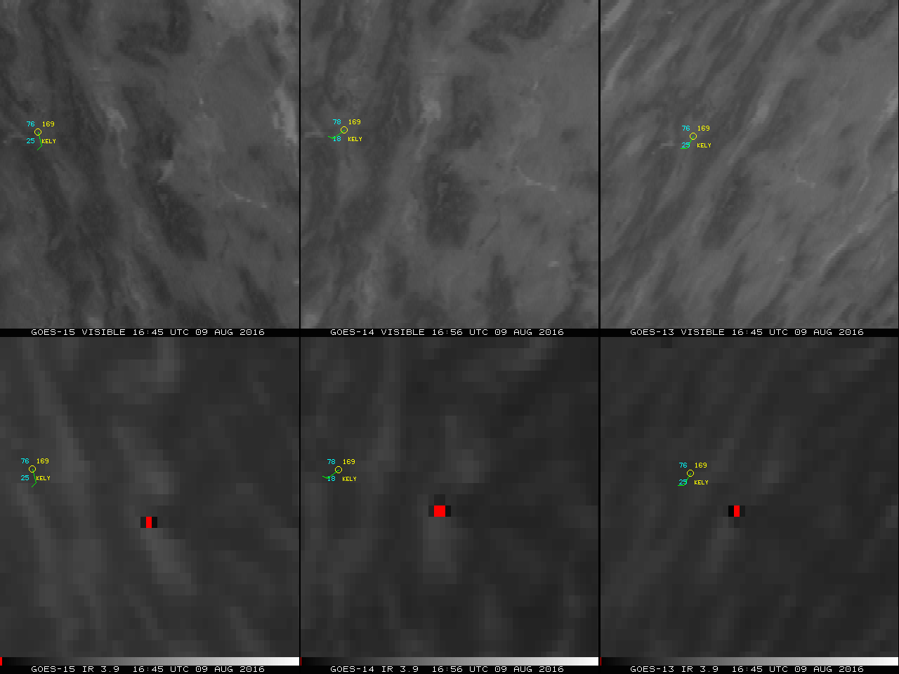 GOES-15 (left panels), GOES-14 (center panels) and GOES-13 (right panels) 0.62 m Visible and 3.9 µm Shortwave Infrared images [click to play animation]