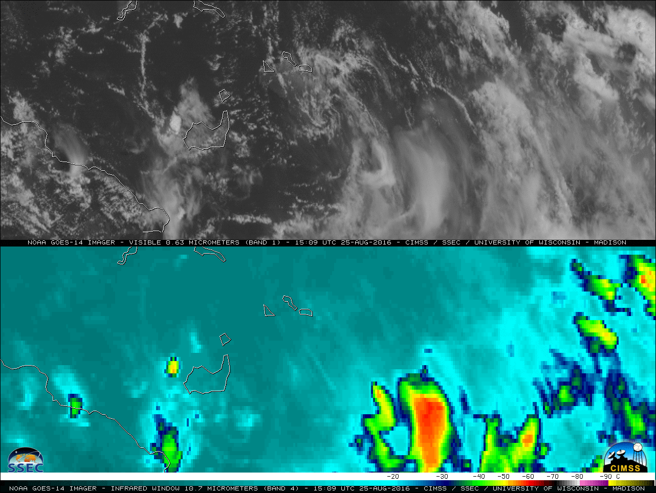 GOES-14 0.63 µm Visible (top) and 10.7 µm Infrared Window (bottom) images [click to play MP4 animation]