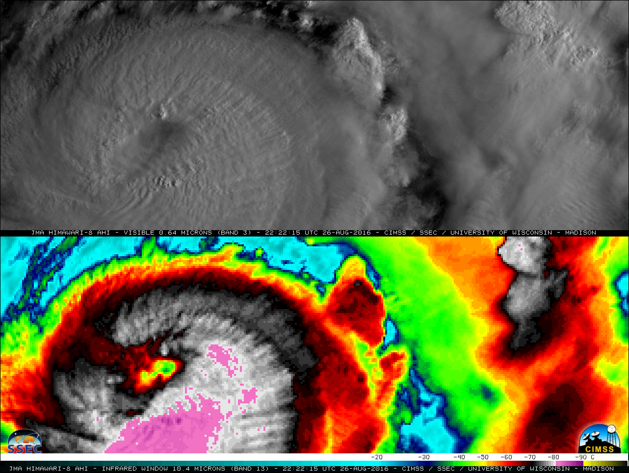 Himawari-8 0.64 µm Visible (top) and 10.4 µm Infrared Window (bottom) images [click to play MP4 animation]