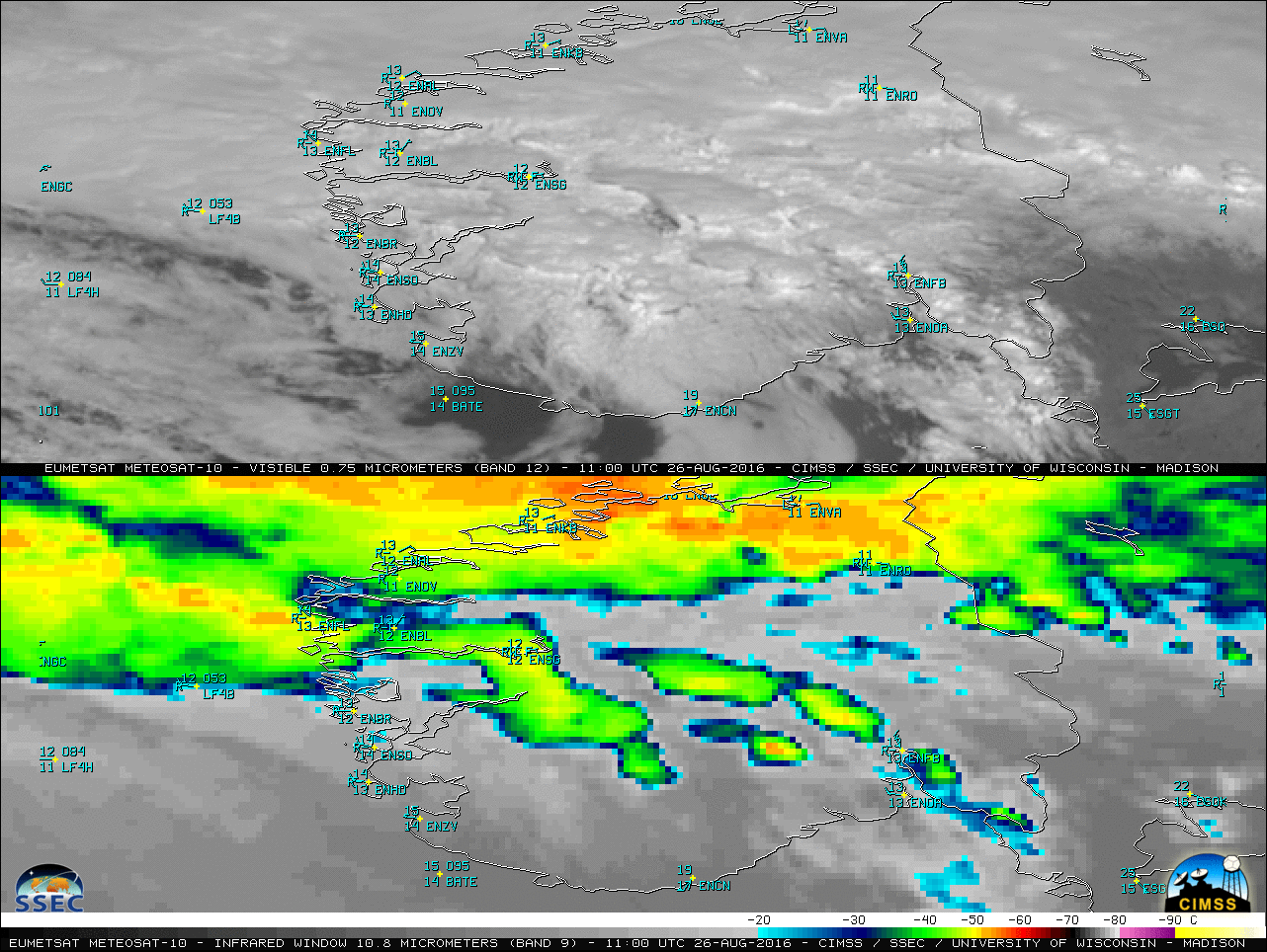 Meteosat-10 Visible (0.75 µm, top) and Infrared Window (10.8 µm, bottom) images, with surface reports plotted in cyan [click to play animation]