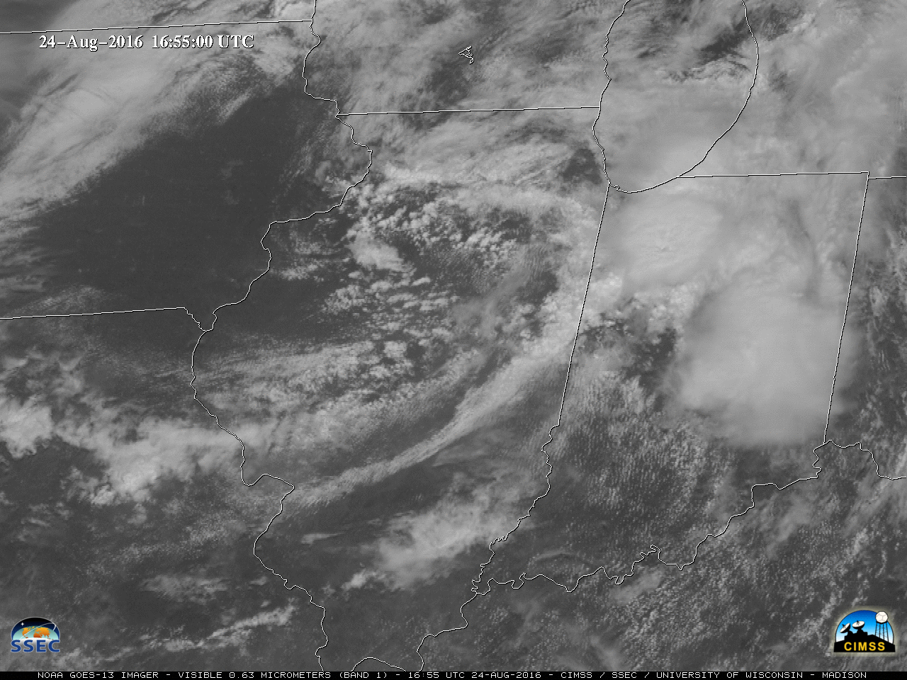 GOES-13 Visible (0.63 µm) images, with SPC storm reports [click to play animation]