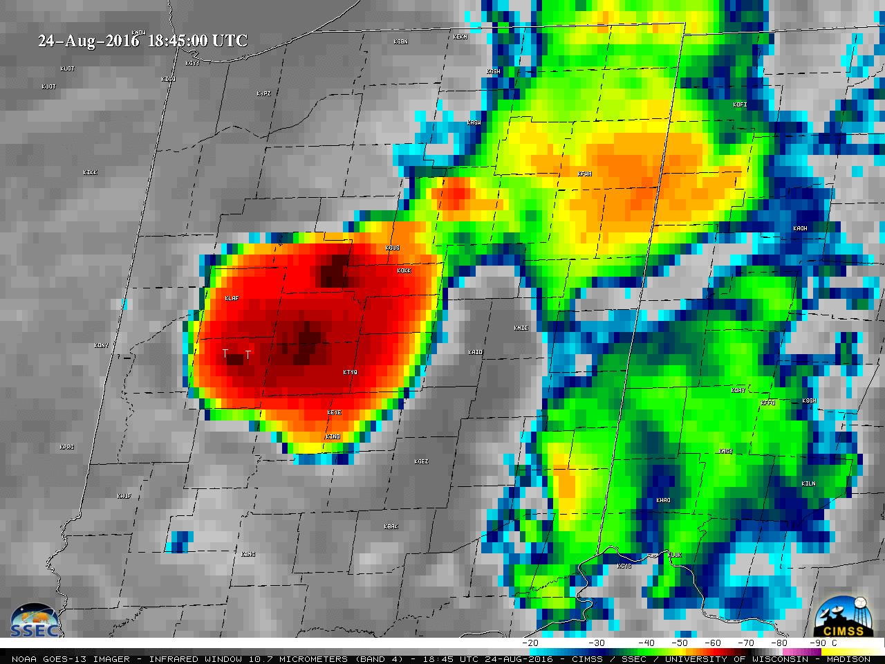 GOES-13 Infrared Window (10.7 µm) images, with plots of SPC storm reports of tornadoes in white and hail/wind in cyan [click to play animation]