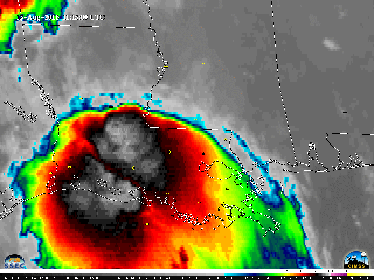 GOES-14 Infrared Window (10.7 µm) images, with hourly surface weather symbols plotted in yellow [click to play MP4 animation]