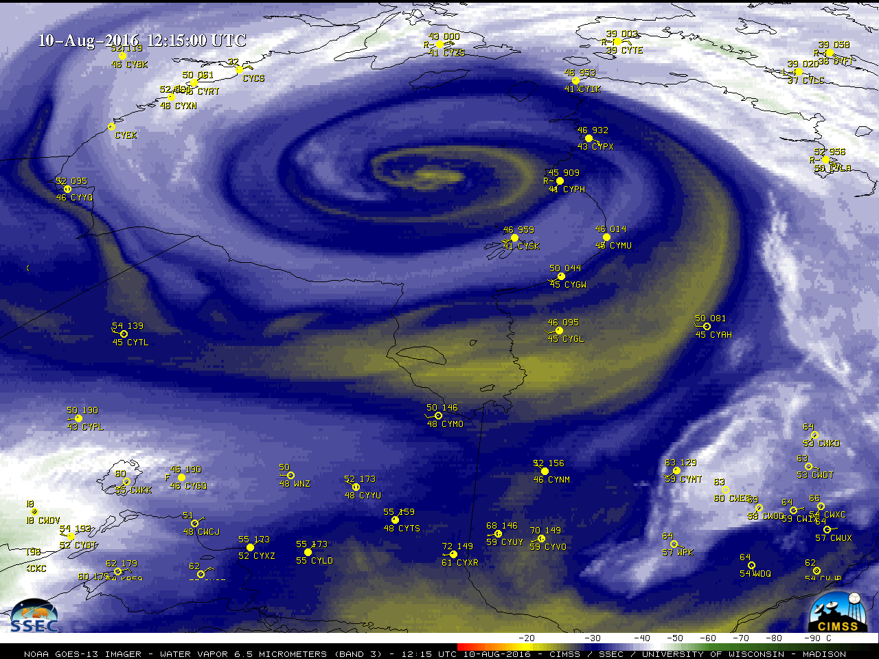 GOES-13 Water Vapor (6.5 µm) images, with hourly surface observations [click to play animation]
