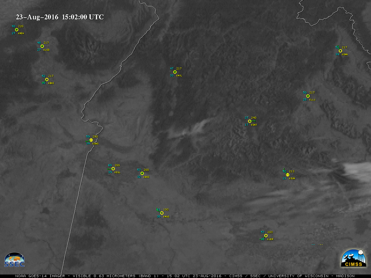 GOES-14 Visible (0.63 um) images, with plots of hourly surface reports [click to play MP4 animation]