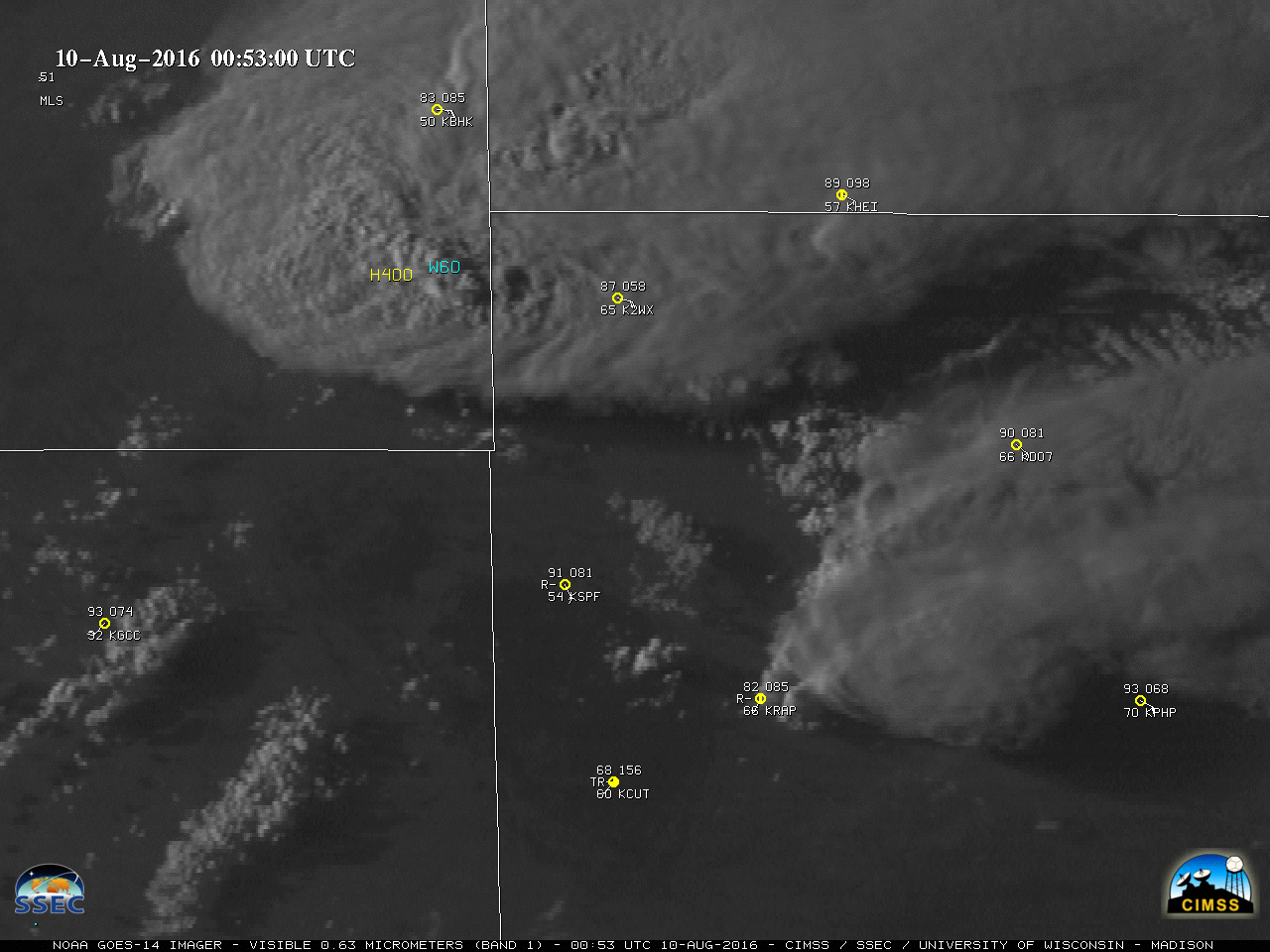 GOES-14 Visible (0.62 µm) images, with surface reports and SPC storm reports of hail (yellow) and wind (cyan) [click to play MP4 animation]