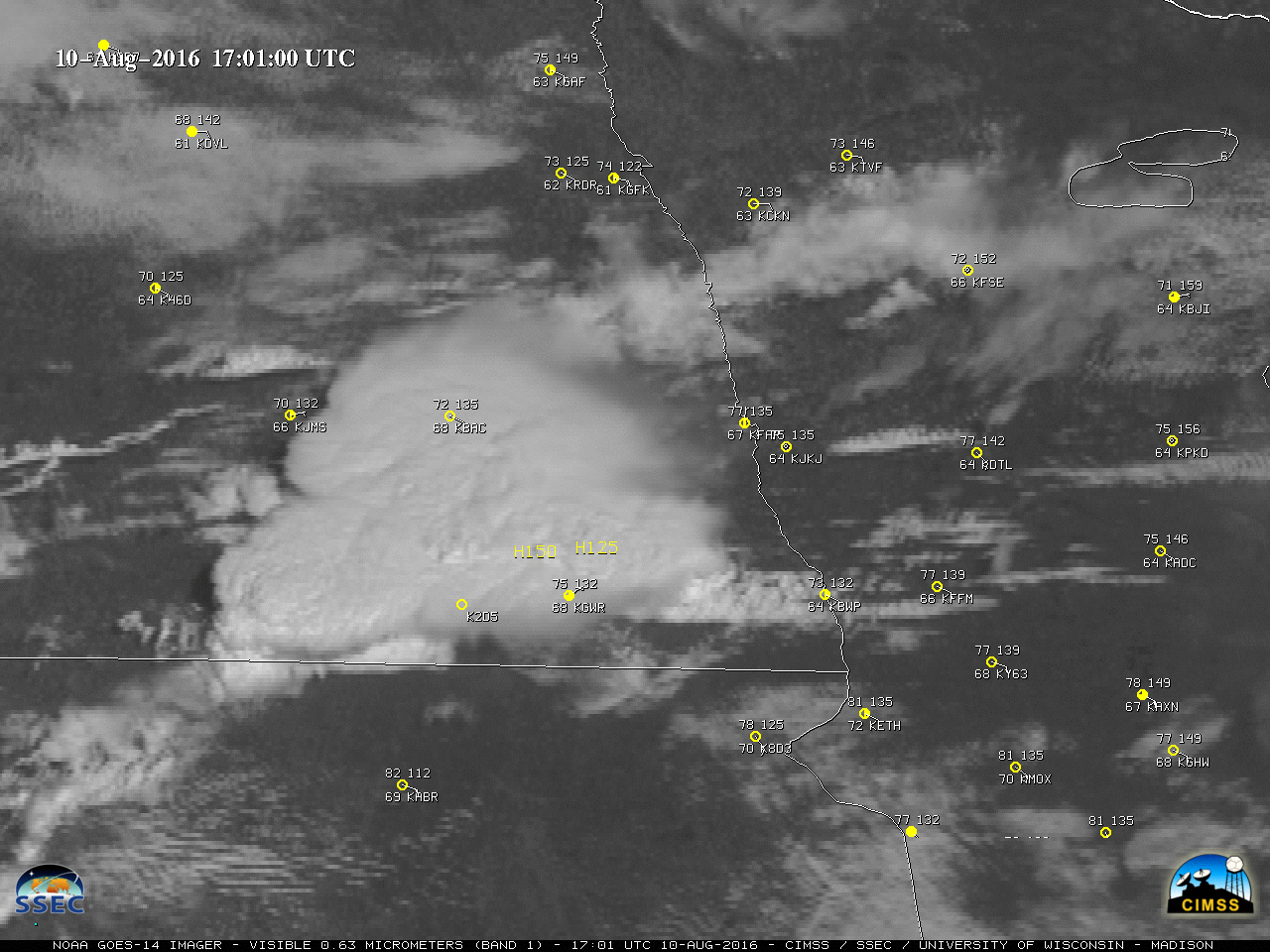GOES-14 Visible (0.63 µm) images, with hourly surface reports and SPC storm reports of hail (yellow) and damaging winds (cyan) [click to play MP4 animation]