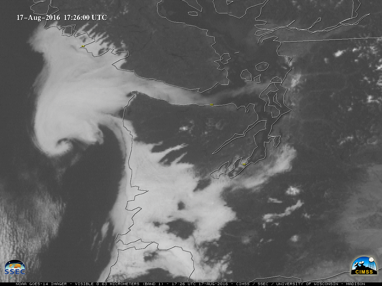 GOES-14 Visible (0.63 µm) images, with hourly surface weather symbols plotted in yellow [click to play MP4 animation]