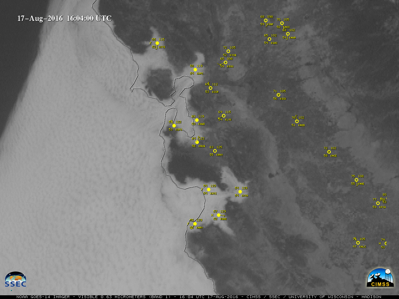 GOES-14 Visible (0.63 µm) images, with hourly plots of surface reports in yellow [click to play MP4 animation]