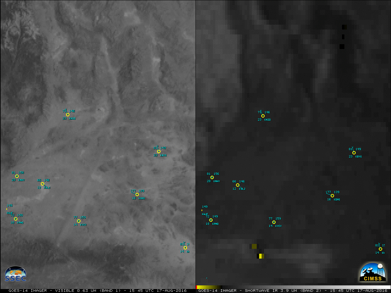 GOES-14 0.63 µm Visible (left) and 3.9 µm Shortwave Infrared (right) images, with hourly plots of surface reports in cyan/yellow [click to play MP4 animation]