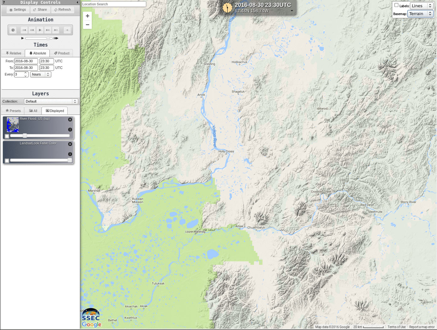 Google Maps of west central Alaska, the JPSS River Flood Product and Landsat-8 False Color Imagery, 30 August 2016 [click to enlarge]