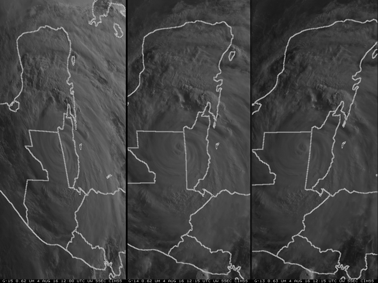GOES-15, GOES-14, GOES-13 (left, center,right) Visible Imagery of Earl over Belize and Mexico, ~1200 UTC on 4 August 2016 [click to enlarge]