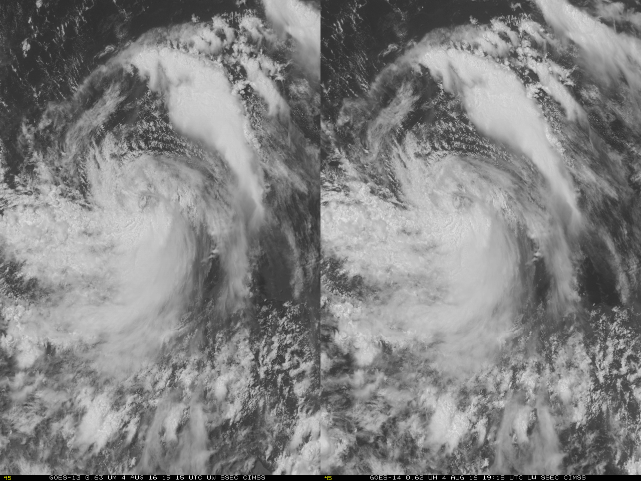 GOES-13 and GOES-14 Visible Imagery (0.62 µm), 1415 - 2115 UTC on 4 August 2016 [click to play animation]
