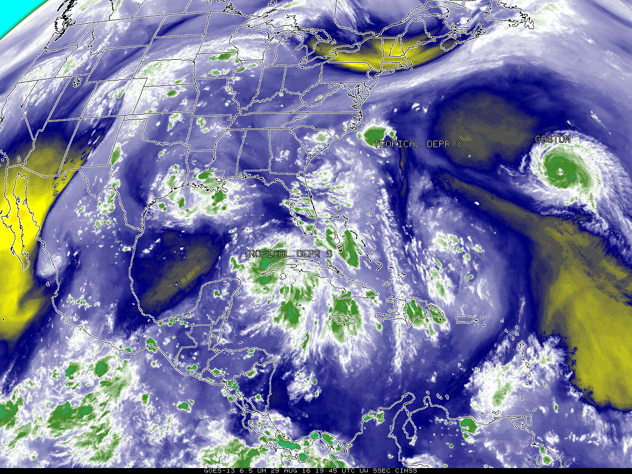 GOES-13 Water Vapor Infrared (6.5 µm) Imagery, 2345 UTC 23 August - 1945 UTC 29 August [click to animate]