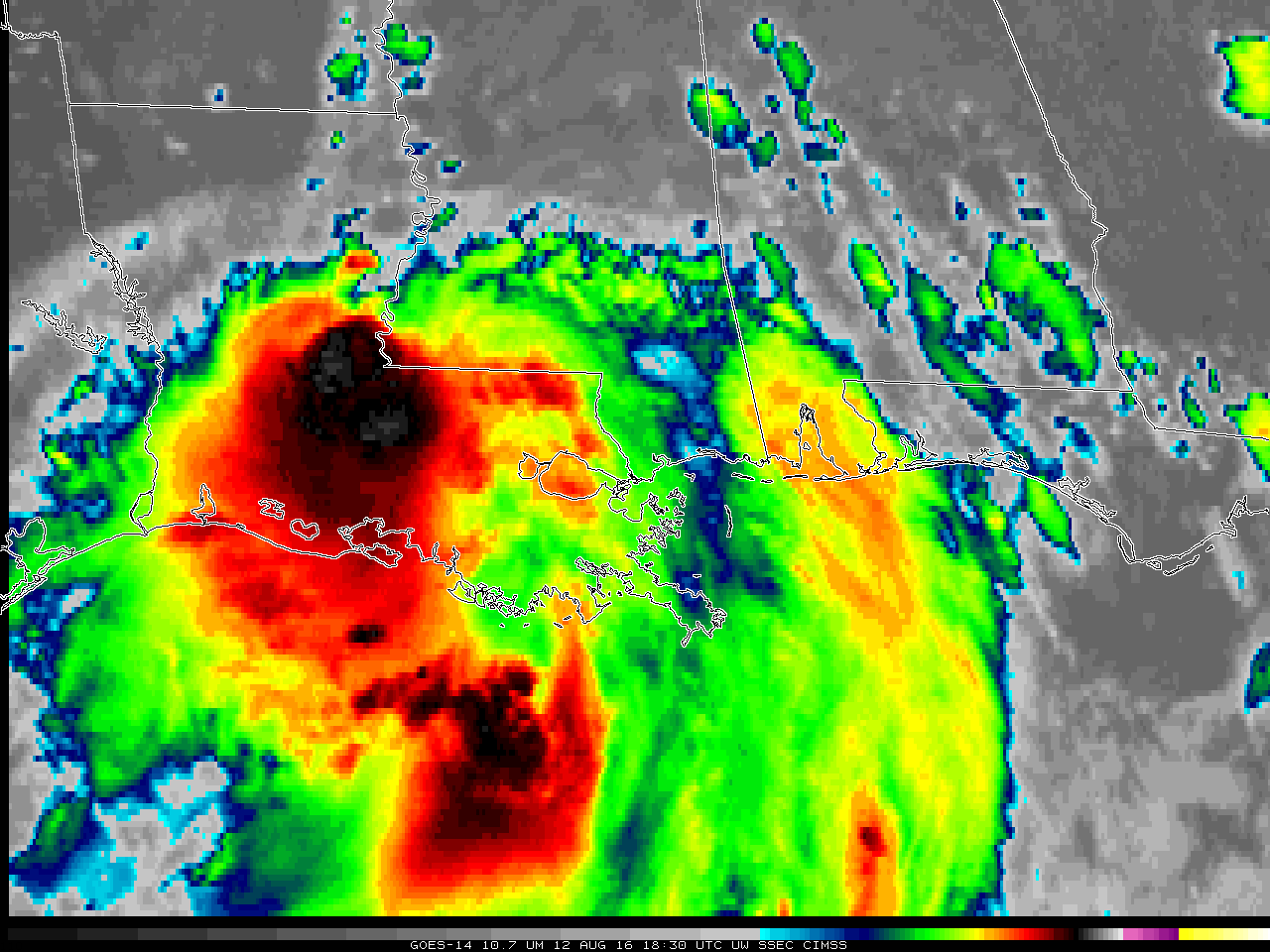 GOES-14 Infrared Window (10.7 µm) Imagery, 1625-1830 UTC on 12 August 2016 [click to play animation]