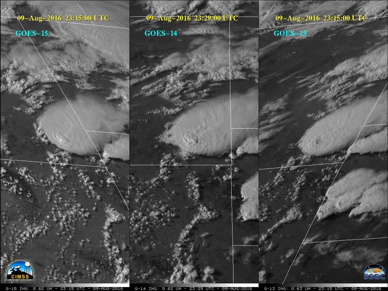 GOES-13 (left), GOES-14 (center) and GOES-13 (right) 0.62 um Visible images [click to play MP4 animation]