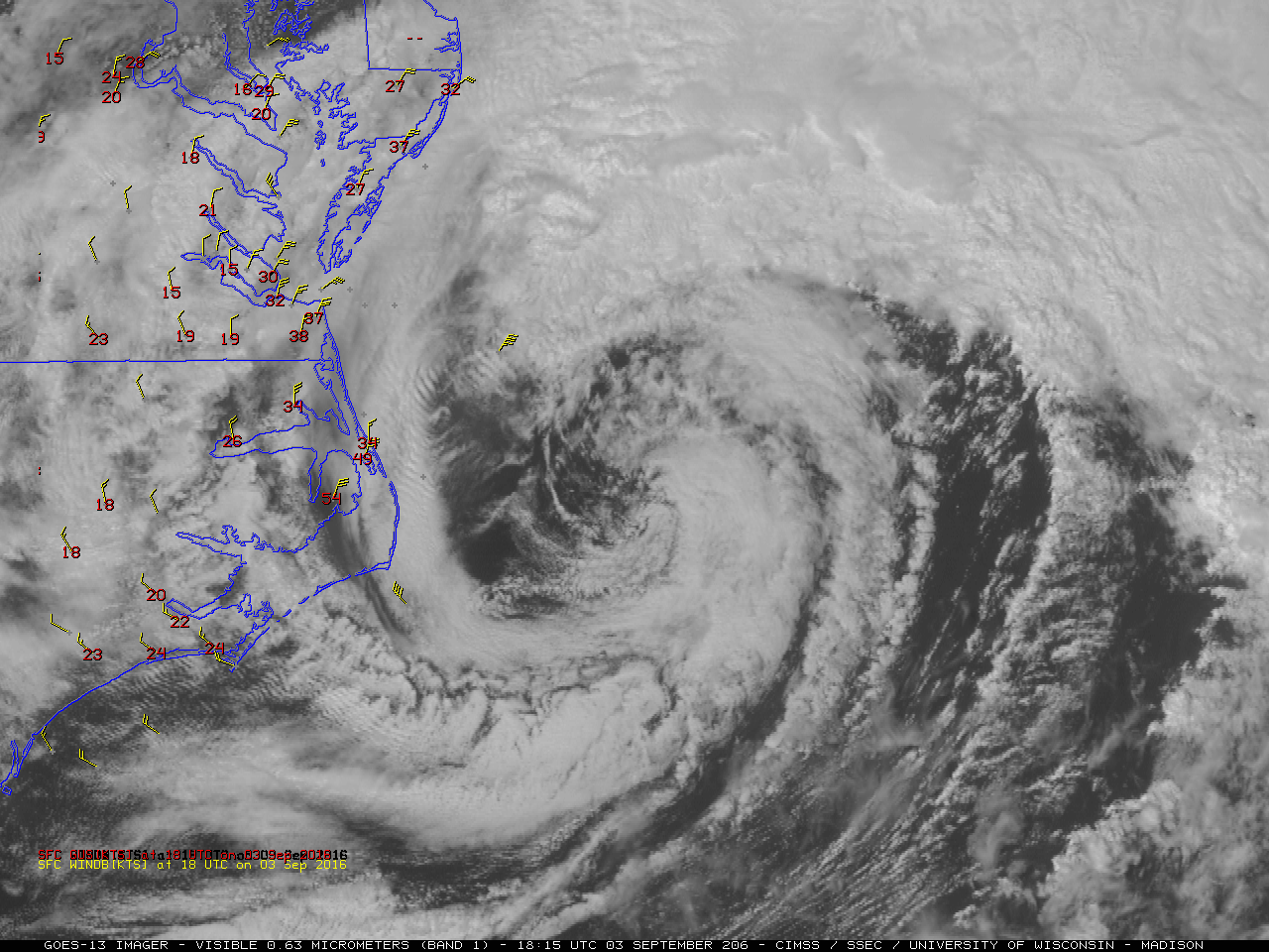 GOES-13 Visible (0.63 µm) images, with surface and buoy wind barbs plotted in yellow and wind gusts (knots) plotted in red [click to play animation]