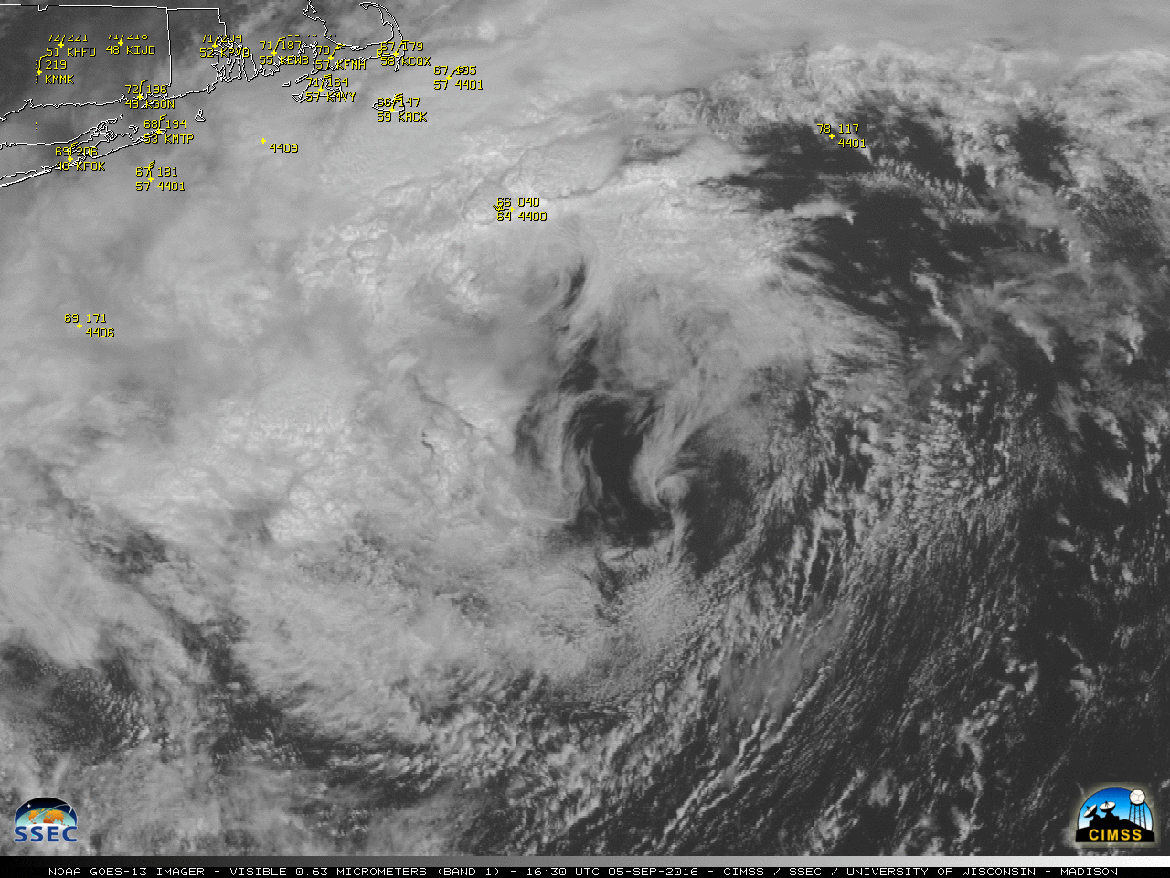 GOES-13 Visible (0.63 µm) images, with buoy/ship reports plotted in yellow [click to play animation]