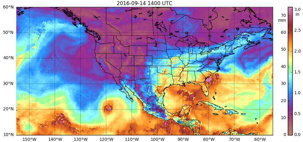 Morphed Total Precipitable Water derived from MIRS, 1400 UTC on 14 September 2016 [click to play animation]