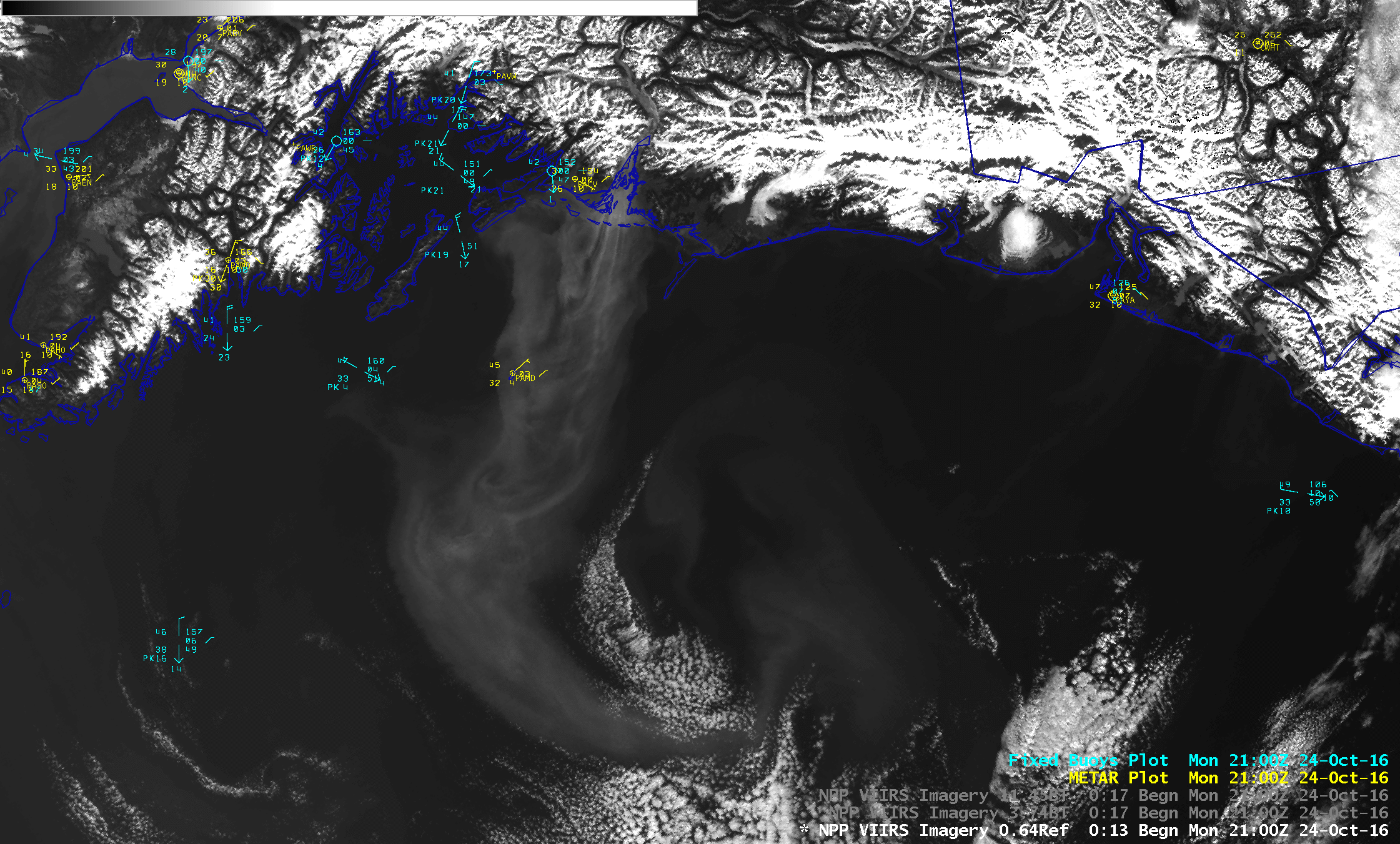Suomi NPP VIIRS Visible (0.64 µm), Shortwave Infrared (3.74 µm) and Infrared Window (11.45 µm) images on 24 October 2016 [click to enlarge]