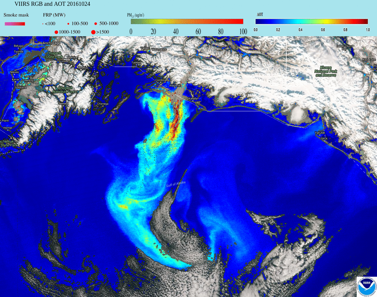 Suomi NPP VIIRS true-color RGB and Aerosol Optical Thickness images for 24 October [click to enlarge]
