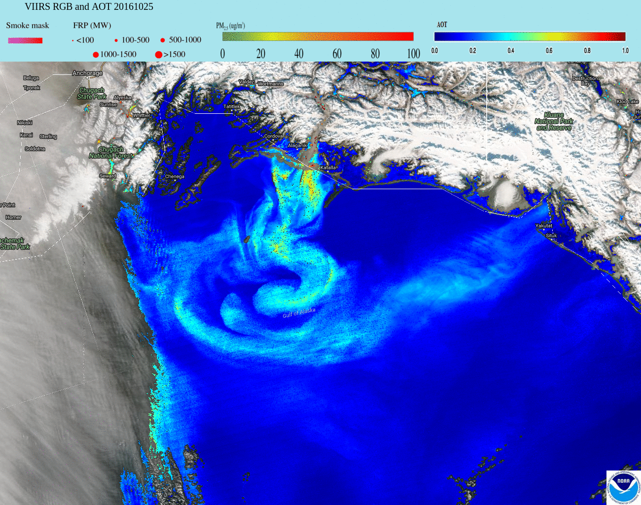 Suomi NPP VIIRS true-color RGB and Aerosol Optical Thickness images for 25 October [click to enlarge]