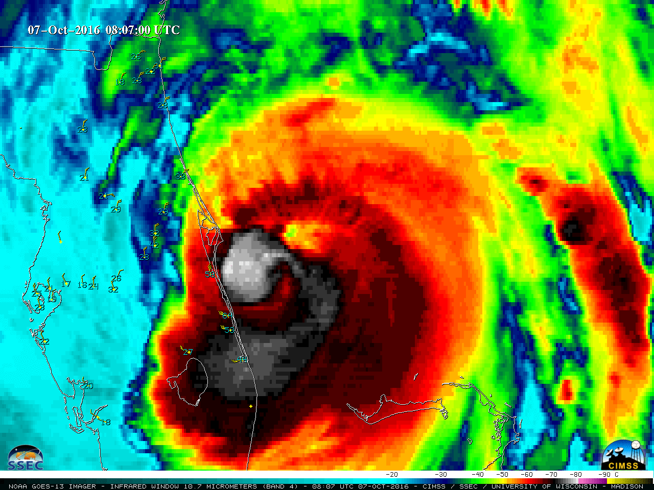 GOES-13 Infrared Window (10.7 um) images [Click to play animation]