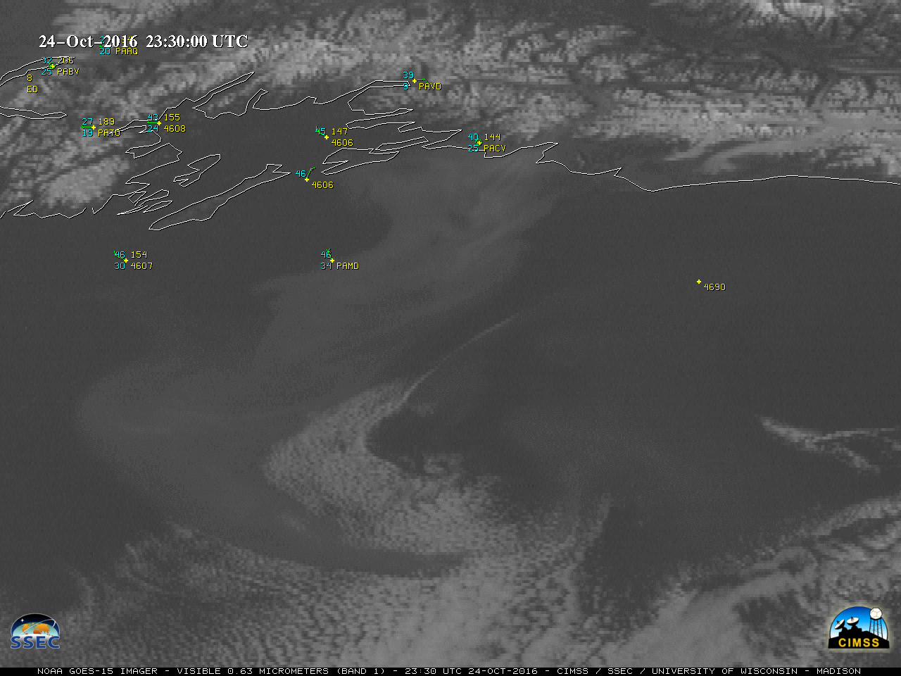 GOES-15 Visible (0.63 µm) images, 23 through 25 October 2016, with hourly surface observations [click to play animation]